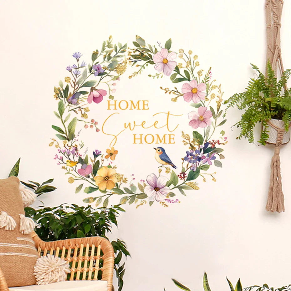 Soft Pastel Floral Bird Wreath Home Sweet Home Wall Decal