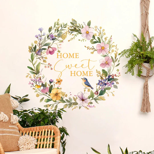Soft Pastel Floral Bird Wreath Home Sweet Home Wall Decal