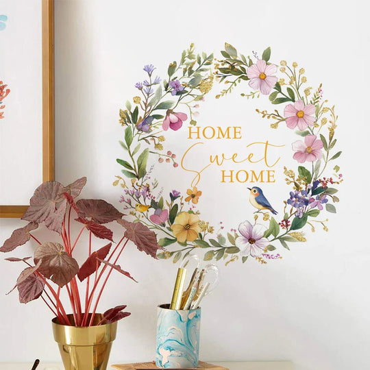 Soft Pastel Floral Bird Wreath Home Sweet Home Wall Decal