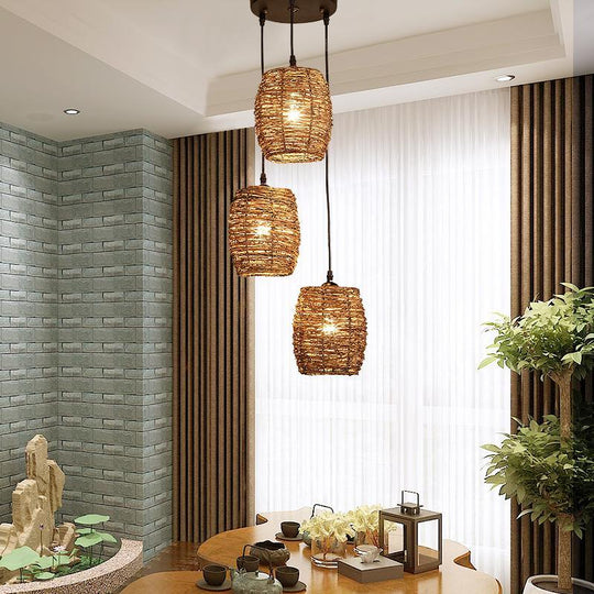 3-Piece Set Transparent Burlywood Wicker Pendant Lights – Natural Modern Design