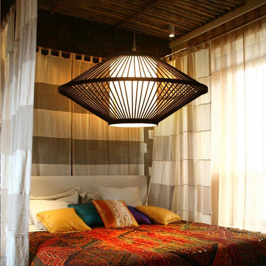 Circular Quasi Pyramid Black Bamboo Pendant Light