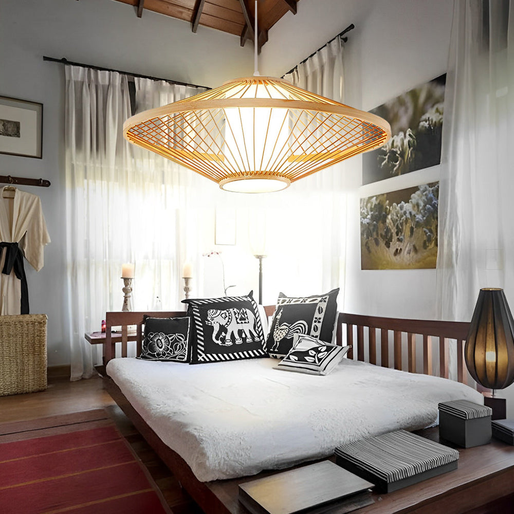 Circular Quasi Pyramid Black Bamboo Pendant Light