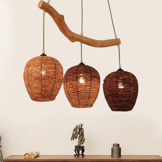 Beehive Shaped Burlywood Colored Wicker Industrial Pendant Lighting