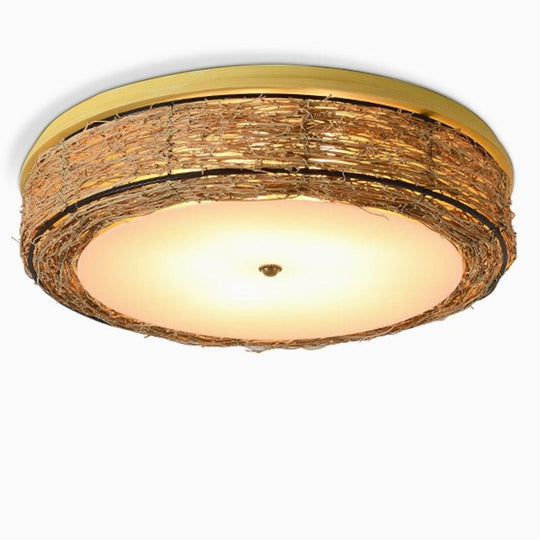 Compact Flush Mount Lighting Covered In Burlywood Wicker