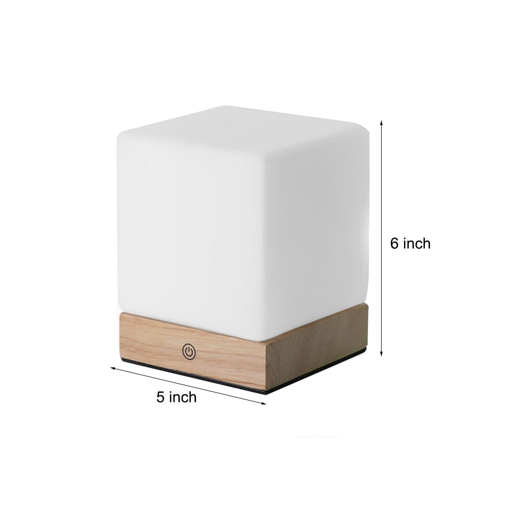 Mini Cube LED Table Lamp with Wooden Base and Glass Shade