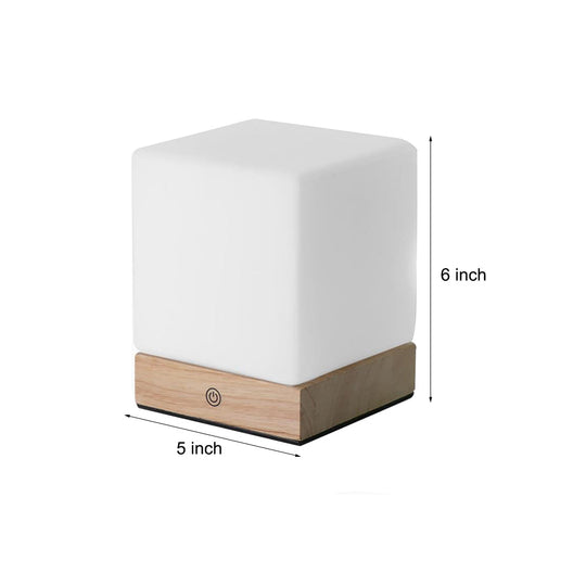 Mini Cube LED Table Lamp with Wooden Base and Glass Shade