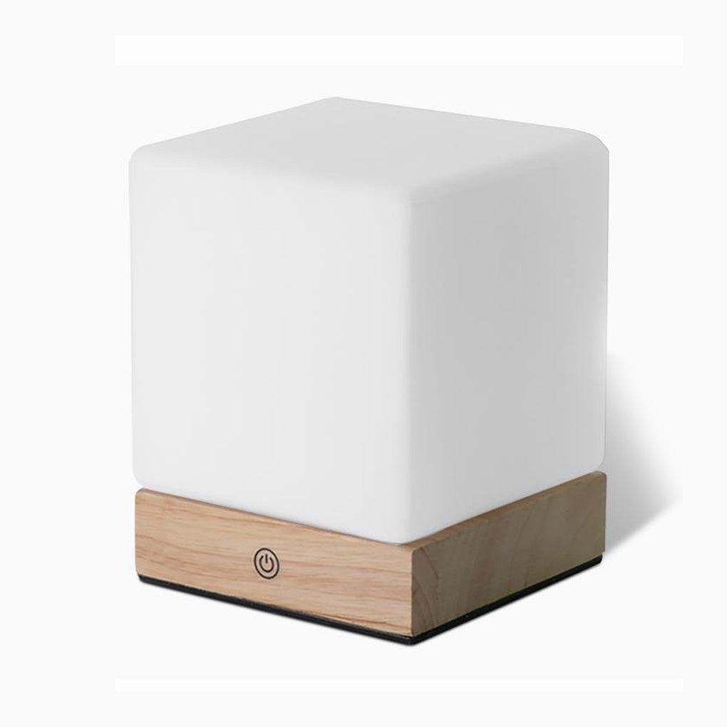 Mini Cube LED Table Lamp with Wooden Base and Glass Shade