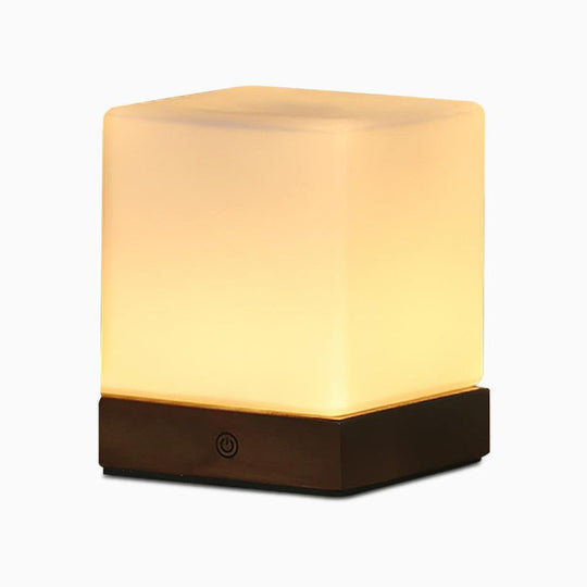 Mini Cube LED Table Lamp with Wooden Base and Glass Shade