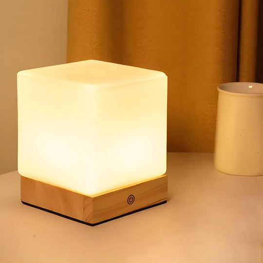 Mini Cube LED Table Lamp with Wooden Base and Glass Shade