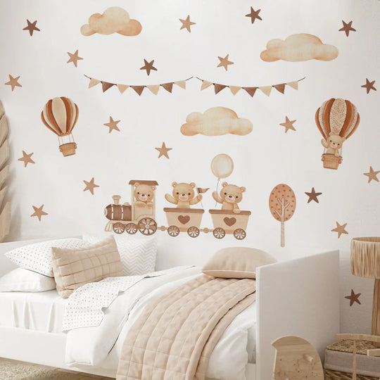 Teddy Bear Train And Hot Air Balloon Wall Decals For Nursery