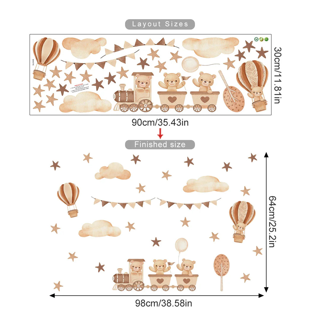 Teddy Bear Train And Hot Air Balloon Wall Decals For Nursery