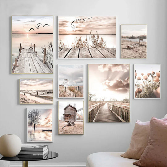 Tranquil Lake Pier Sunset Landscape Canvas Wall Art