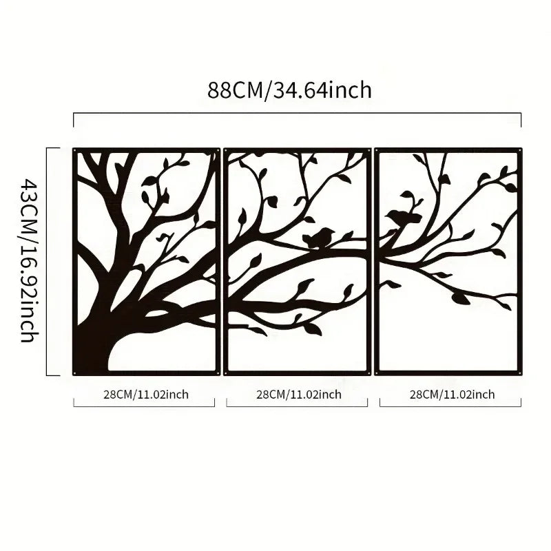 Set of 3 Tree of Life Birds Black Metal Wall Art Decor