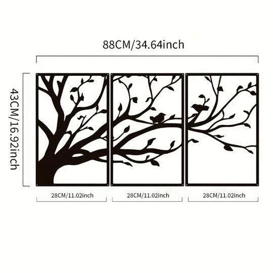 Set of 3 Tree of Life Birds Black Metal Wall Art Decor