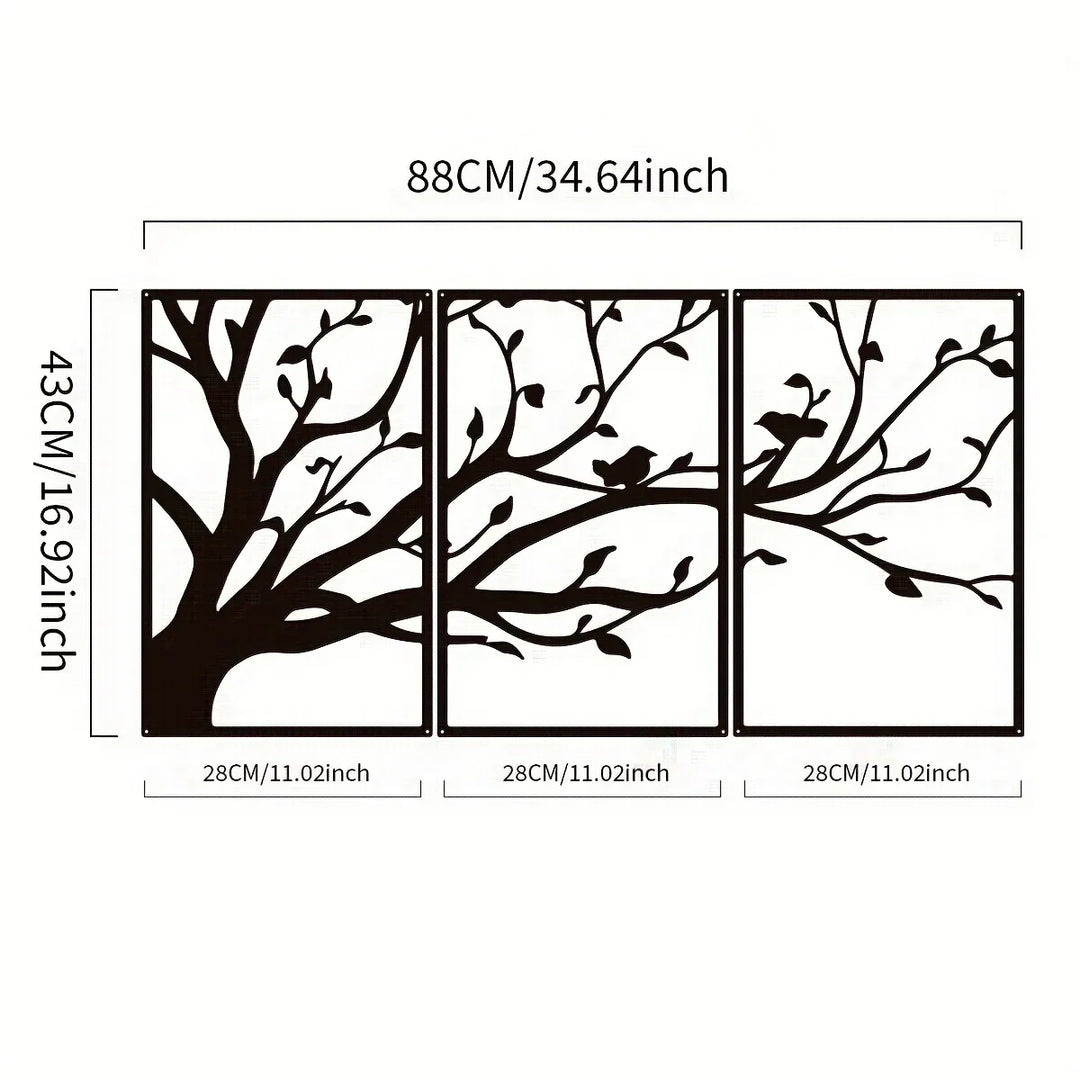 Set of 3 Tree of Life Birds Black Metal Wall Art Decor
