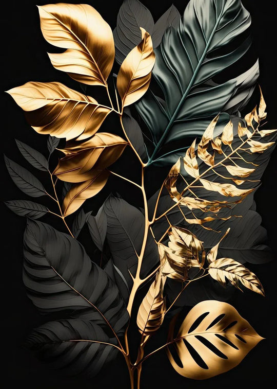 Black & Gold Botanical Canvas Wall Art – Tropical Leaf Print (Unframed)