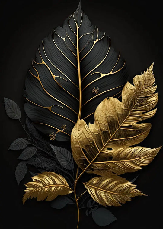 Tropical Botanical Black Golden Leaf Canvas Wall Art
