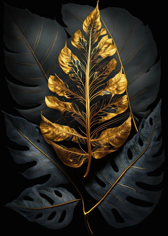 Black & Gold Botanical Canvas Wall Art – Tropical Leaf Print (Unframed)