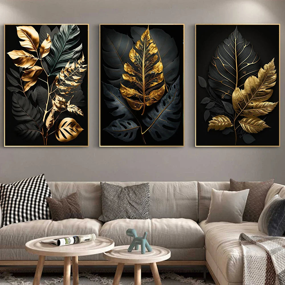 Tropical Botanical Black Golden Leaf Canvas Wall Art