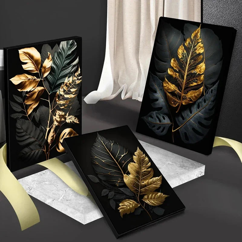 Black & Gold Botanical Canvas Wall Art – Tropical Leaf Print (Unframed)