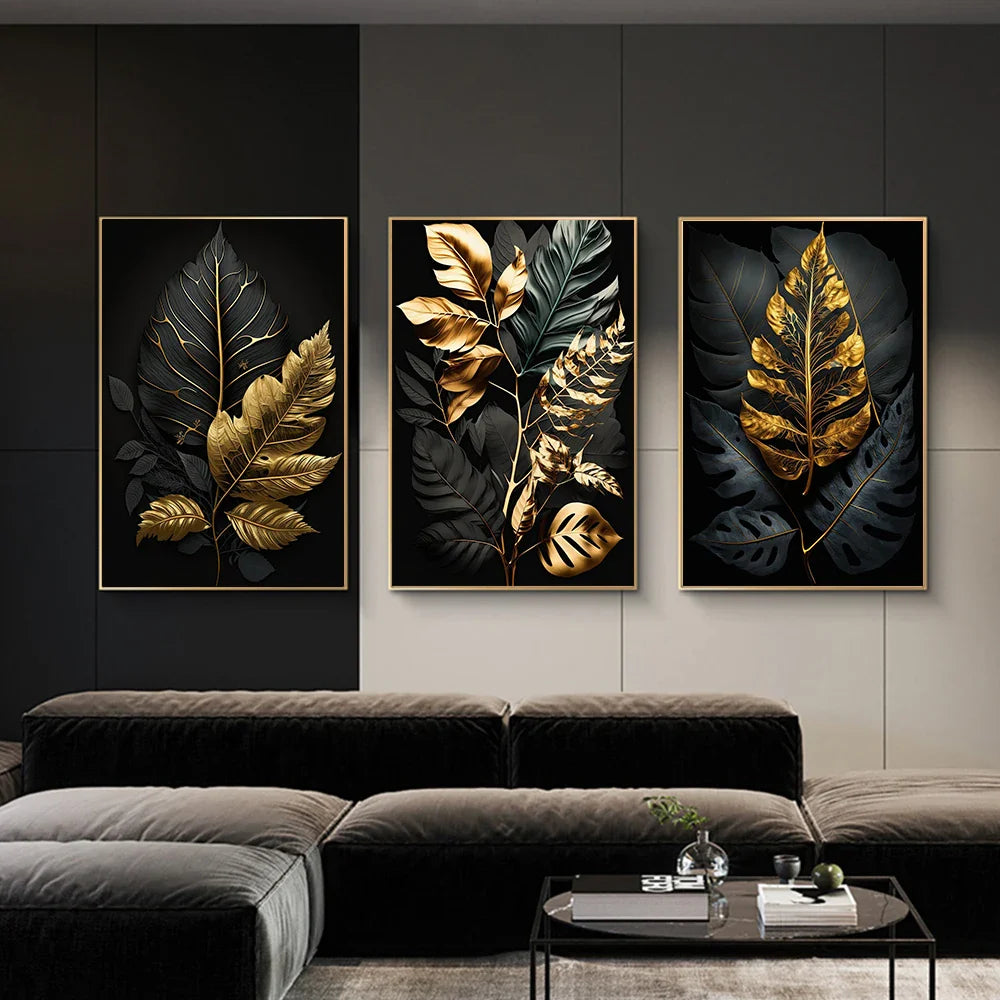 Tropical Botanical Black Golden Leaf Canvas Wall Art
