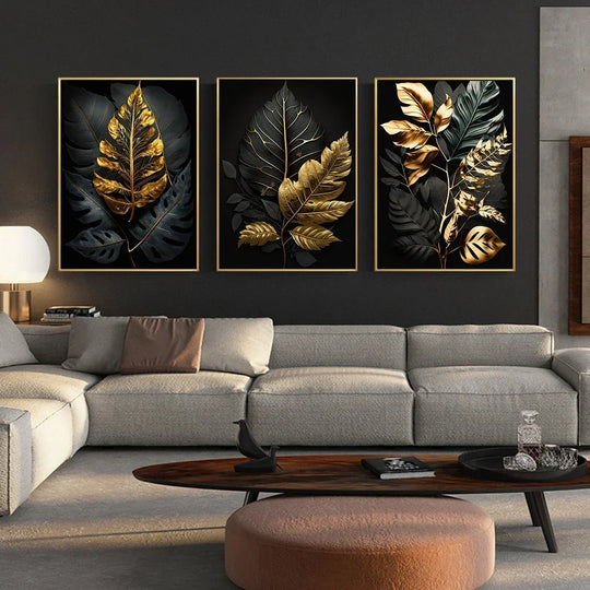 Black & Gold Botanical Canvas Wall Art – Tropical Leaf Print (Unframed)