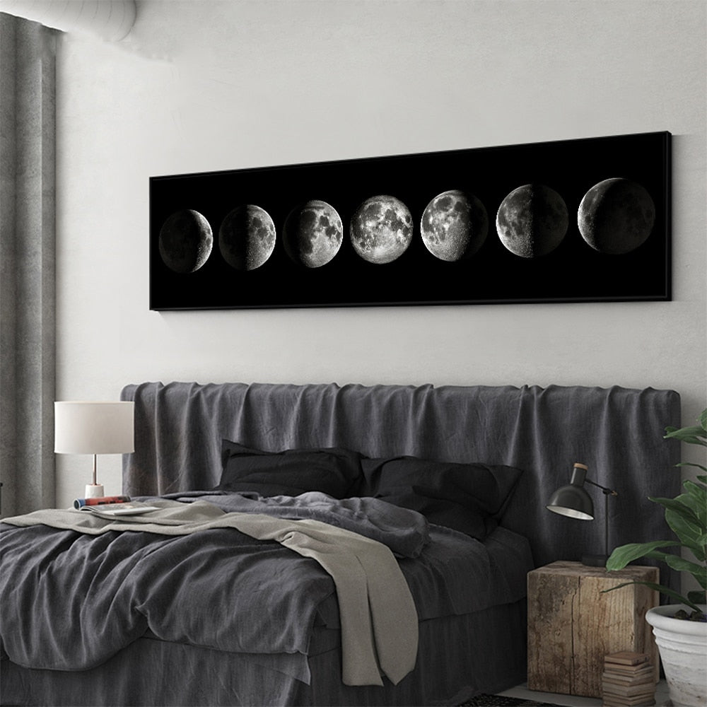 Moon Phases Wide Format Black and White Canvas Wall Art