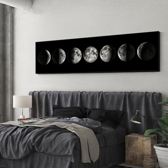 Moon Phases Wide Format Black and White Canvas Wall Art