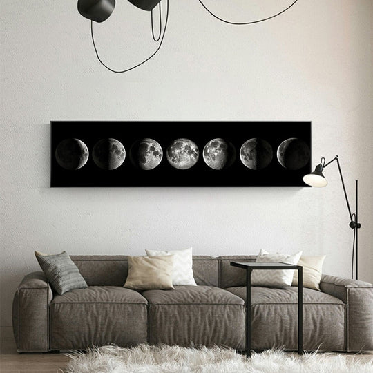 Moon Phases Wide Format Black and White Canvas Wall Art