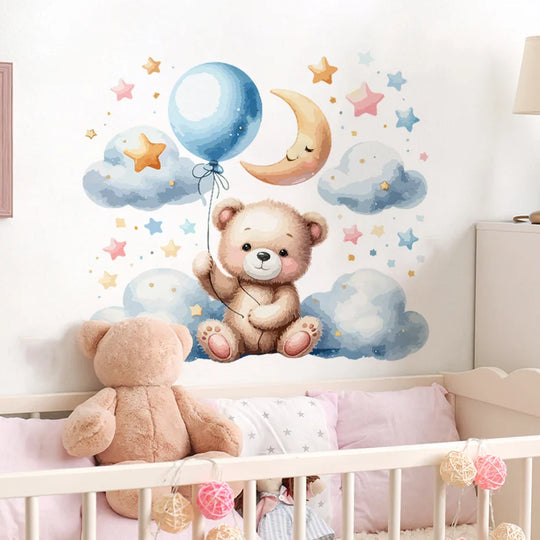 Watercolor Teddy Bear Moon Balloon Wall Decals