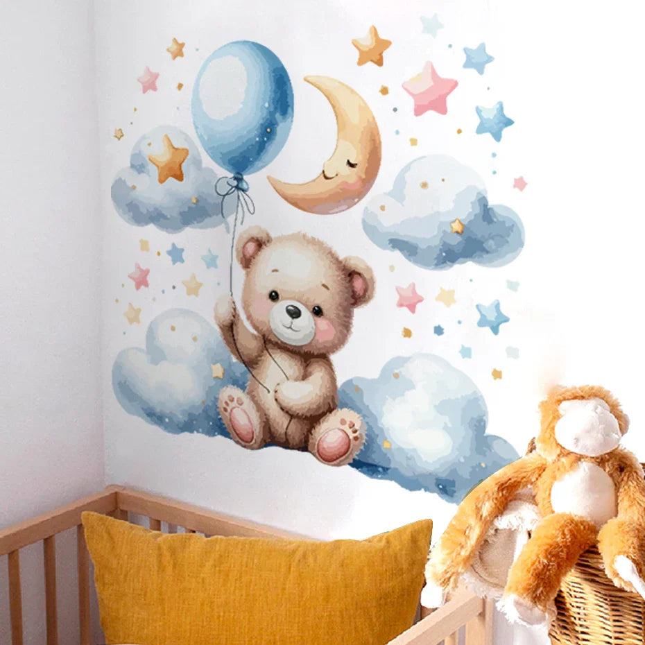 Watercolor Teddy Bear Moon Balloon Wall Decals