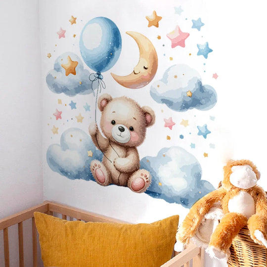 Watercolor Teddy Bear Moon Balloon Wall Decals