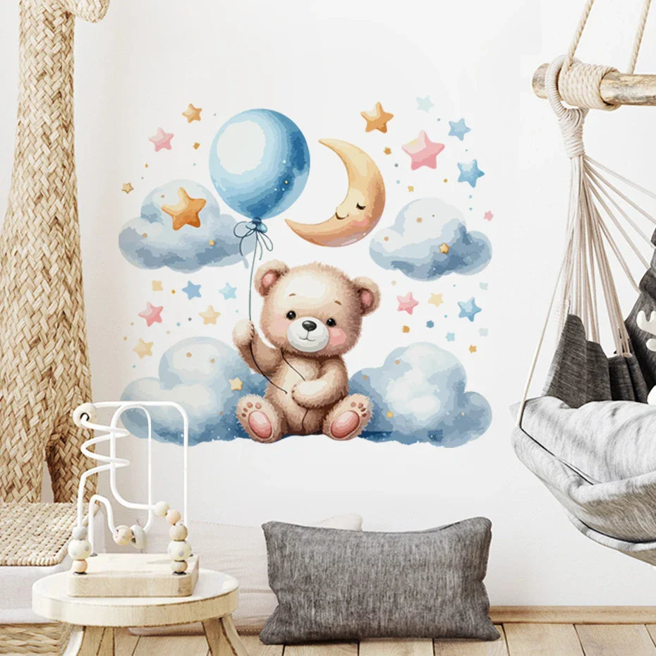 Watercolor Teddy Bear Moon Balloon Wall Decals