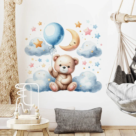 Watercolor Teddy Bear Moon Balloon Wall Decals