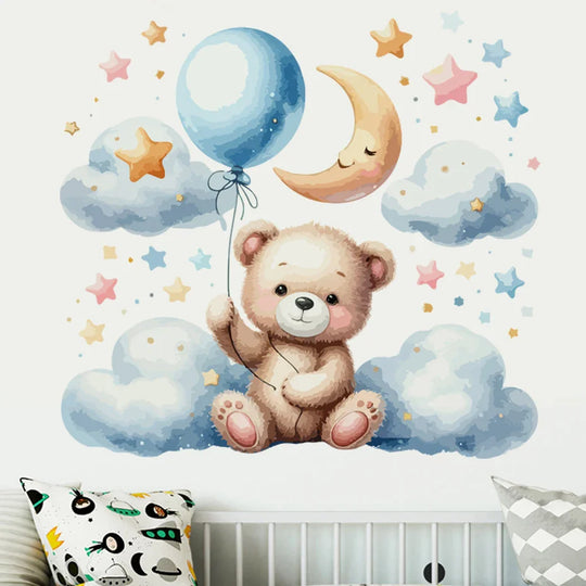 Watercolor Teddy Bear Moon Balloon Wall Decals