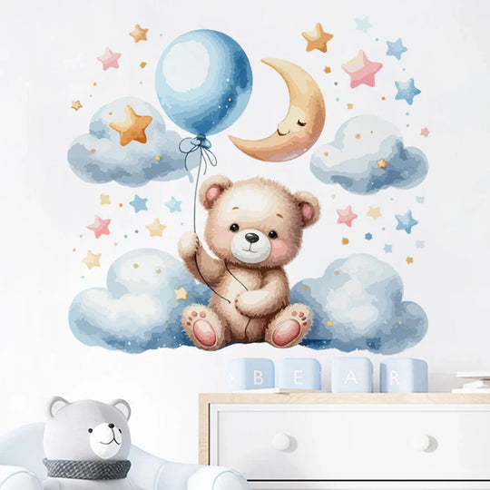 Watercolor Teddy Bear Moon Balloon Wall Decals