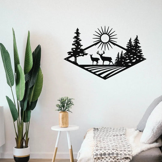 Wild Forest Deer Black Metal Wall Art Decor