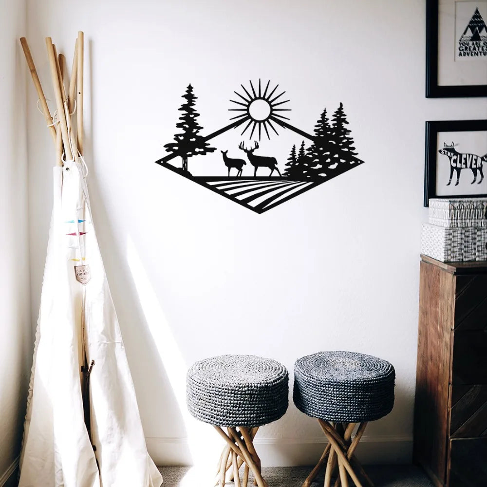 Wild Forest Deer Black Metal Wall Art Decor