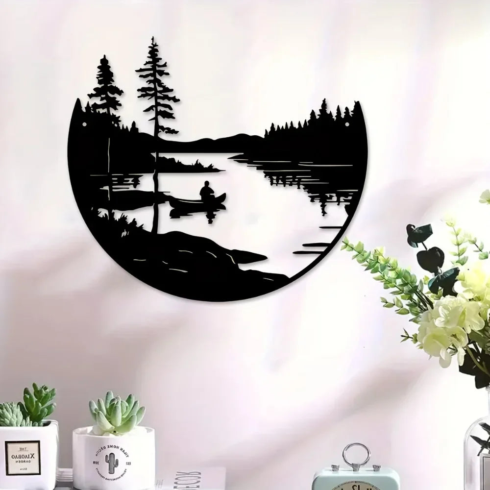 Wilderness Lake Forest Silhouette Black Metal Wall Art Decor