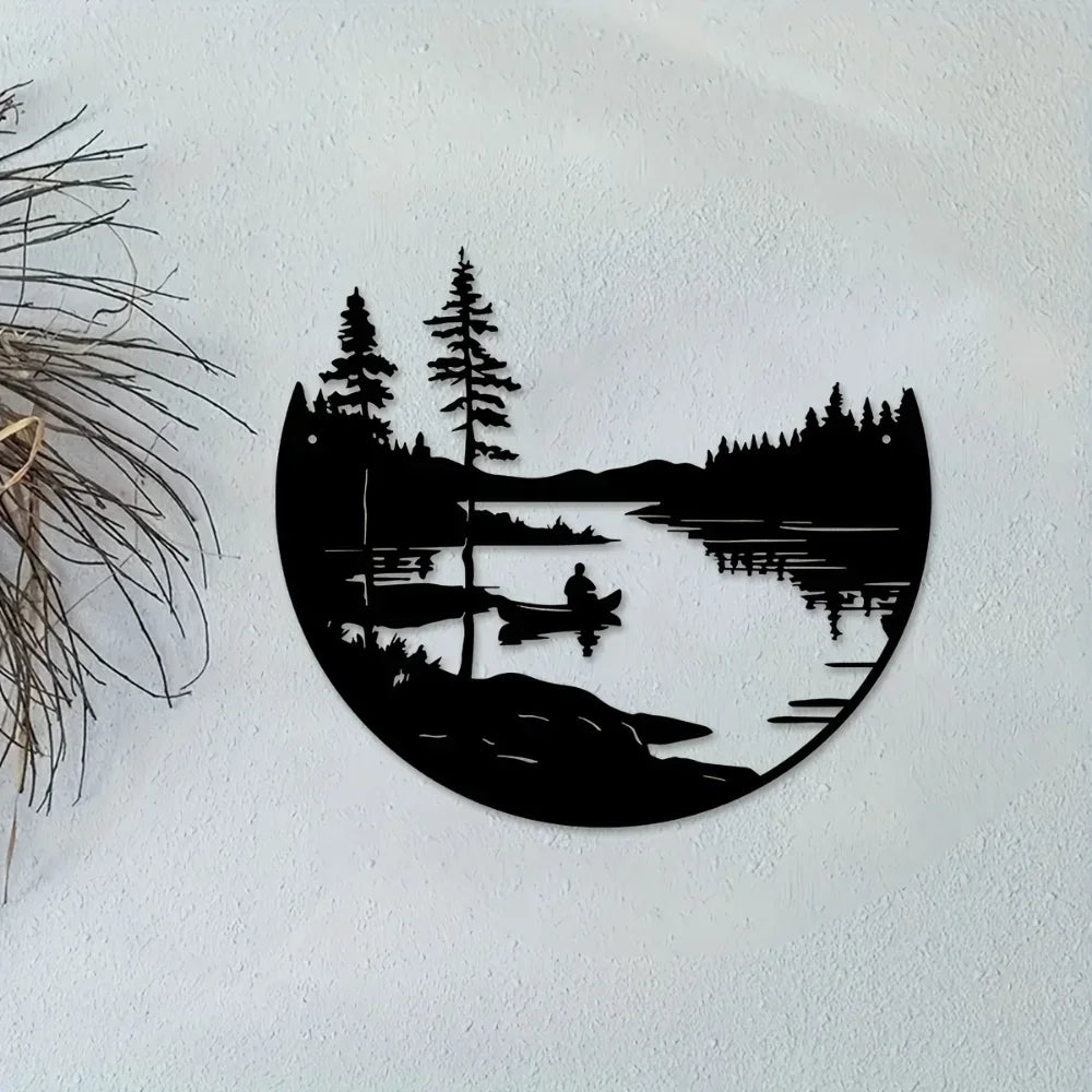 Wilderness Lake Forest Silhouette Black Metal Wall Art Decor