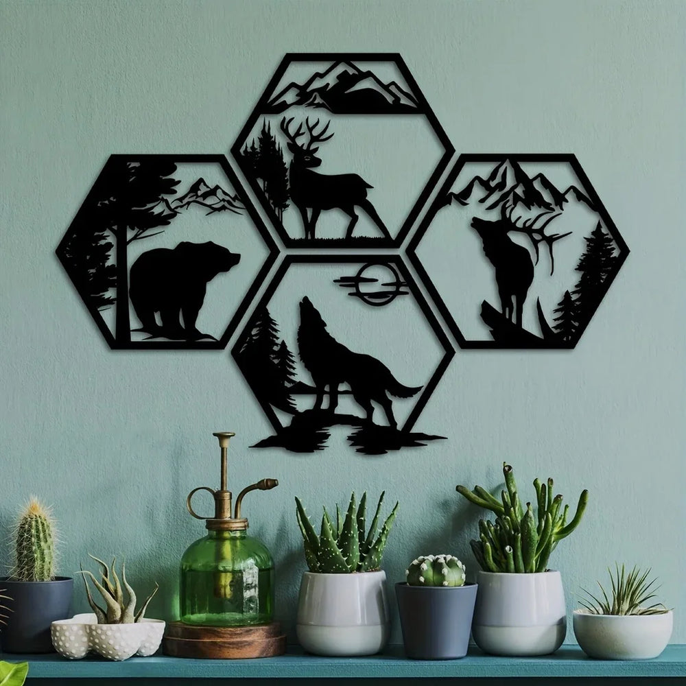 Set of 4 Wildlife Hex Black Metal Wall Art Decor