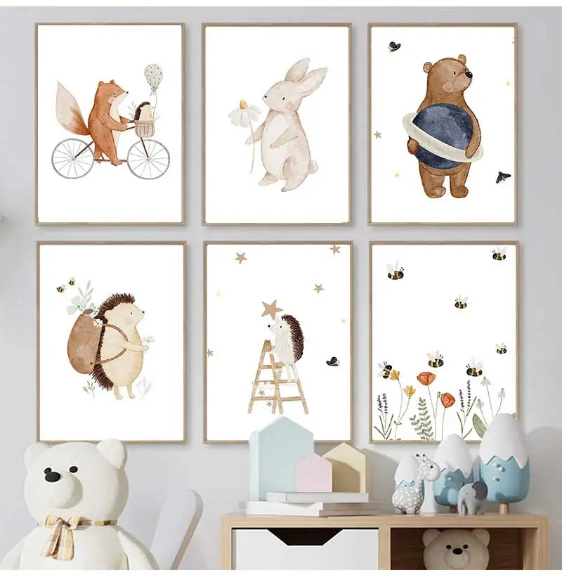 Woodland Animals Cute Nursery Canvas Wall Art