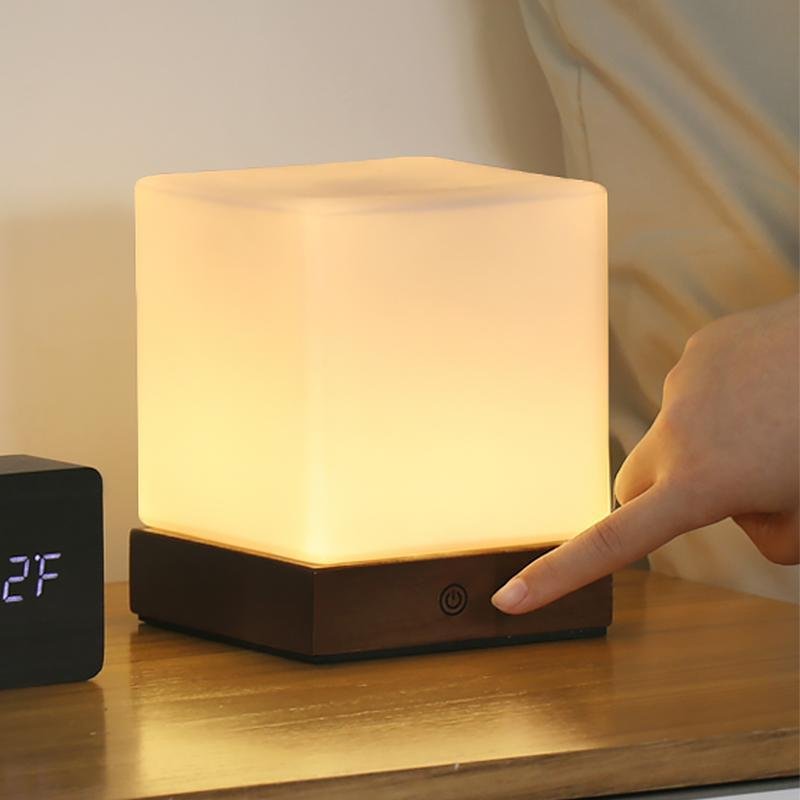 Mini Cube LED Table Lamp with Wooden Base and Glass Shade