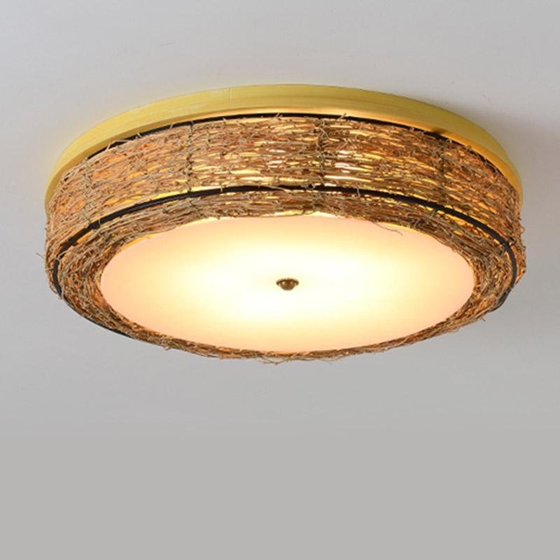 Compact Flush Mount Lighting Covered In Burlywood Wicker