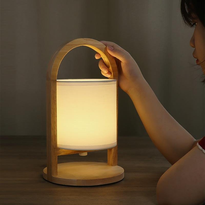 Portable Wooden Accent LED Table Lamp with Linen Shade
