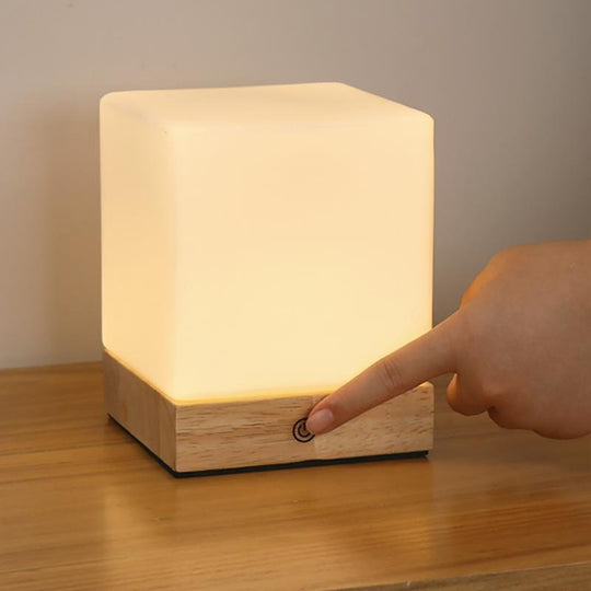 Mini Cube LED Table Lamp with Wooden Base and Glass Shade