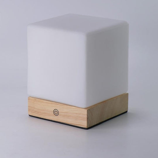 Mini Cube LED Table Lamp with Wooden Base and Glass Shade