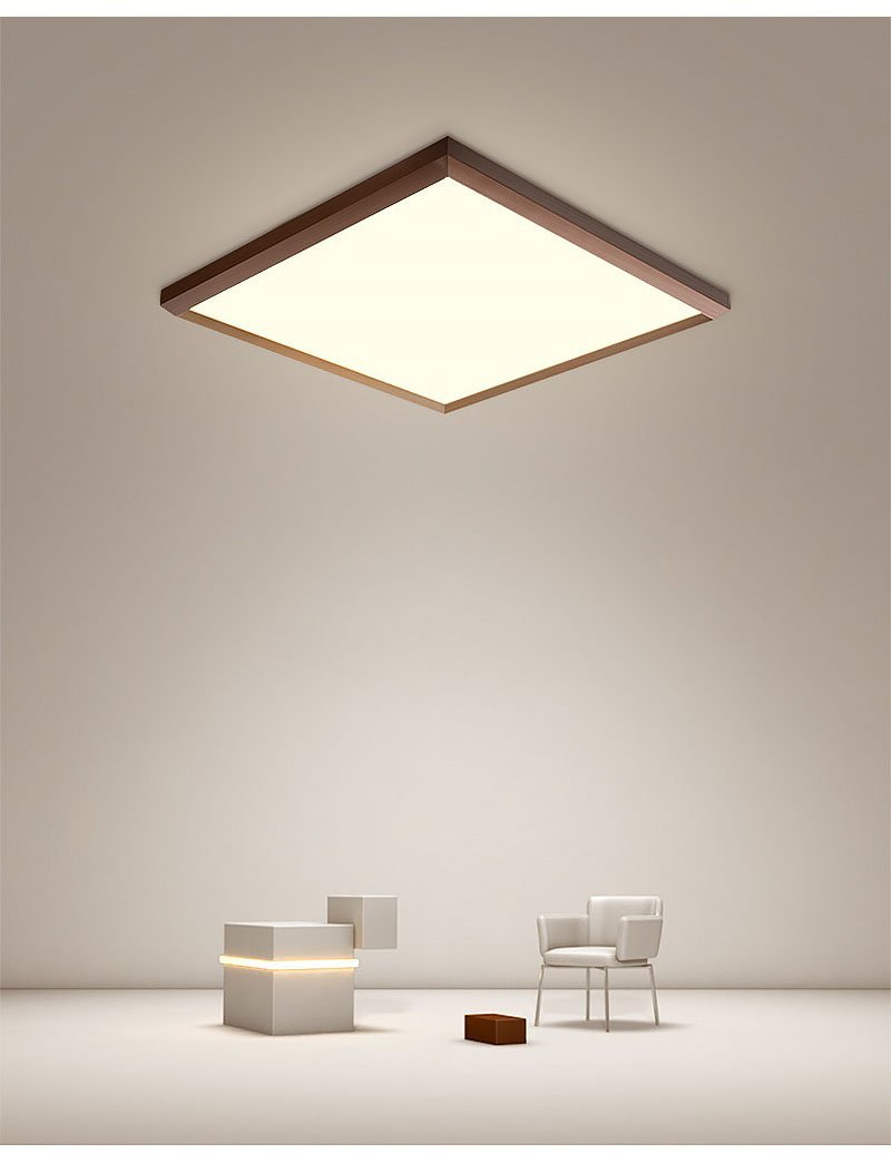 Square Modern Flush Mount Lighting with Brown Frame – Dimmable LED Ceiling Light with Remote