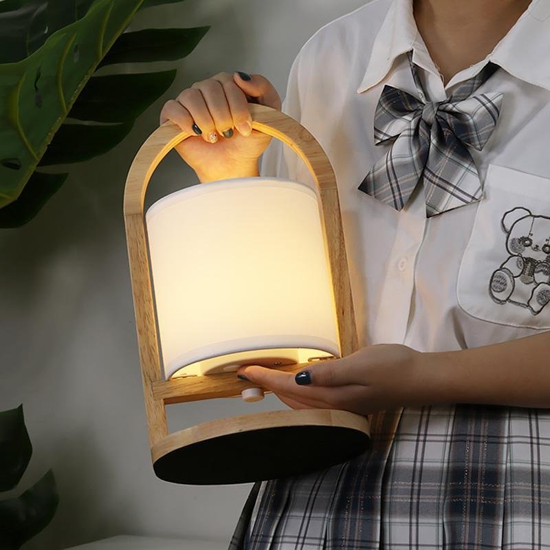 Portable Wooden Accent LED Table Lamp with Linen Shade