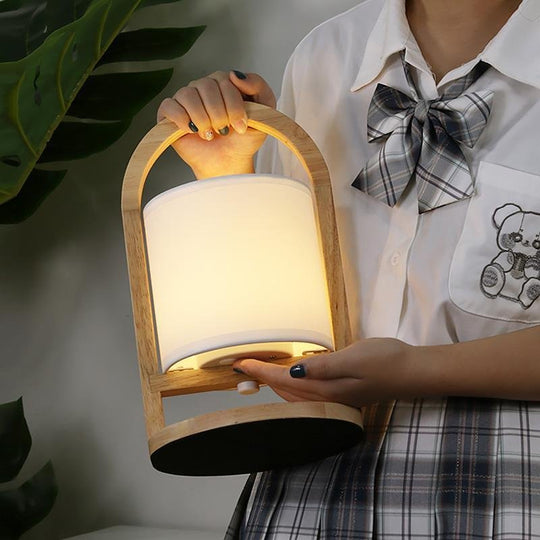 Portable Wooden Accent LED Table Lamp with Linen Shade